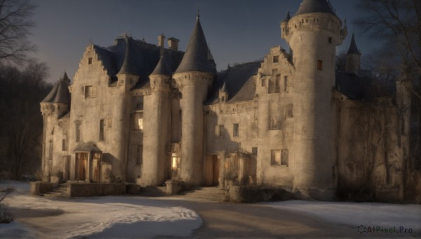 HQ,outdoors,sky,day,tree,no humans,window,night,building,scenery,snow,road,house,winter,bare tree,castle,tower,path,church,cloud,moon,night sky,fantasy,architecture,fog,arch