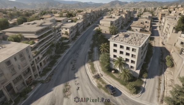 outdoors,sky,shoes,day,water,tree,no humans,shadow,bird,from above,plant,ground vehicle,building,scenery,motor vehicle,mountain,city,palm tree,car,road,cityscape,house,shoes removed,street,river,boat,landscape,cloud,window,grass,nature,bush,town,truck