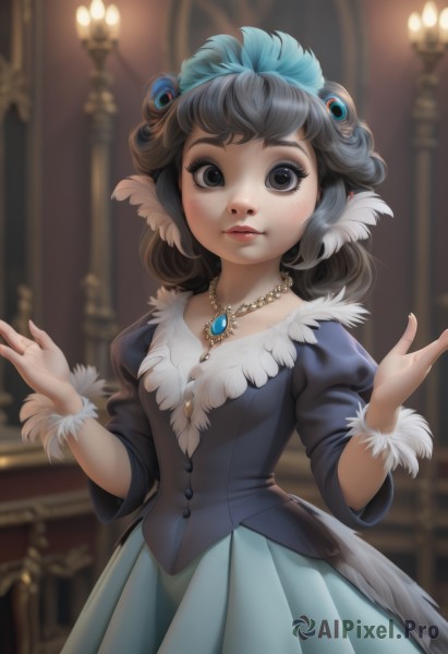 1girl,solo,looking at viewer,short hair,skirt,brown hair,black hair,hair ornament,long sleeves,dress,brown eyes,jewelry,closed mouth,standing,tail,cowboy shot,puffy sleeves,artist name,indoors,necklace,blurry,black eyes,lips,hands up,fur trim,eyelashes,makeup,depth of field,blurry background,blue dress,watermark,feathers,juliet sleeves,gem,web address,pendant,freckles,feather hair ornament,breasts,blush,bangs,upper body,small breasts,buttons,lipstick,realistic,red lips,w arms,aqua dress,chandelier