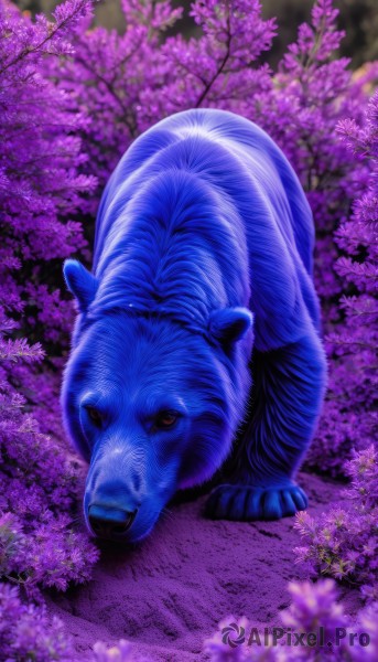 solo,looking at viewer,red eyes,full body,flower,outdoors,blurry,tree,no humans,depth of field,animal,cherry blossoms,blue theme,realistic,animal focus,purple theme,signature,pokemon (creature),watermark,nature