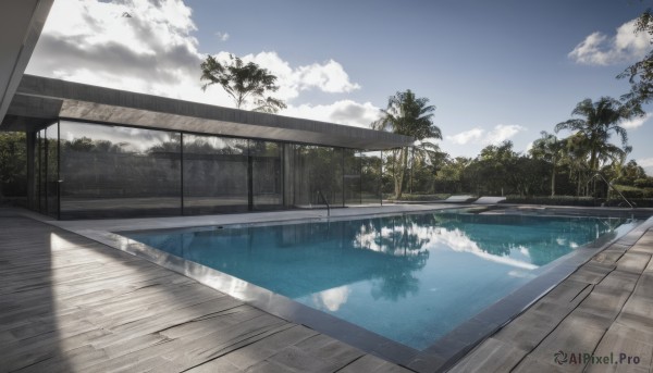 outdoors,sky,day,cloud,water,tree,blue sky,no humans,shadow,sunlight,cloudy sky,plant,building,scenery,reflection,fence,pool,reflective water,railing,bush