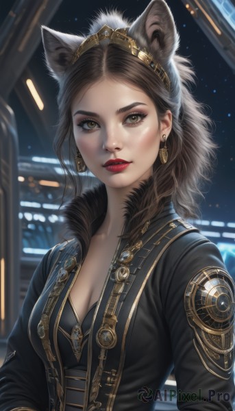 1girl,solo,long hair,breasts,looking at viewer,brown hair,long sleeves,animal ears,cleavage,brown eyes,jewelry,medium breasts,jacket,upper body,hairband,earrings,parted lips,open clothes,cat ears,blurry,lips,black jacket,eyelashes,makeup,night,blurry background,lipstick,zipper,realistic,nose,red lips,black hair,yellow eyes,artist name,signature,fur trim,fake animal ears,wolf ears,extra ears,freckles,fur collar,wolf girl