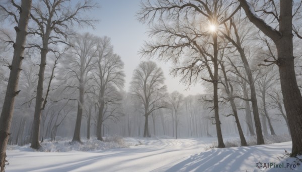 outdoors,sky,day,cloud,tree,no humans,shadow,sunlight,grass,nature,scenery,snow,forest,road,winter,lamppost,bare tree,path,signature,light,snowflakes,landscape