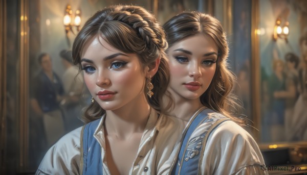 1girl,long hair,looking at viewer,blue eyes,multiple girls,brown hair,shirt,black hair,2girls,jewelry,closed mouth,collarbone,white shirt,upper body,braid,earrings,solo focus,collared shirt,indoors,blurry,vest,lips,eyelashes,makeup,depth of field,blurry background,siblings,wavy hair,sisters,freckles,reflection,mirror,realistic,nose,red lips,mascara,different reflection,bangs,dress,parted lips,multiple boys,parted bangs,blue dress,formal,suit,lipstick,blouse,portrait,eyeshadow,curly hair,light