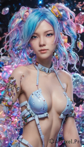 1girl,solo,long hair,breasts,looking at viewer,blue eyes,hair ornament,navel,cleavage,bare shoulders,twintails,jewelry,medium breasts,blue hair,collarbone,swimsuit,upper body,pink hair,multicolored hair,earrings,lips,aqua hair,gradient hair,revealing clothes,armlet,bubble,realistic,nose,bangs,closed mouth,small breasts,belt,artist name,stomach,two-tone hair,eyelashes,detached collar,watermark,facial mark,gem,web address