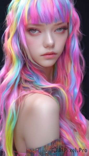 1girl,solo,long hair,looking at viewer,bangs,blonde hair,simple background,bare shoulders,closed mouth,blue hair,upper body,pink hair,multicolored hair,artist name,blunt bangs,from side,lips,grey eyes,eyelashes,makeup,black background,eyeshadow,freckles,pink lips,realistic,nose,eyeliner,colorful,rainbow hair,streaked hair,aqua hair,watermark,wavy hair,expressionless,portrait,web address,mascara