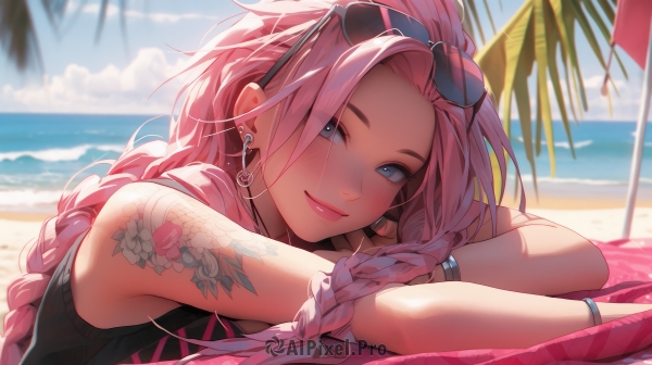 1girl,solo,long hair,looking at viewer,blush,smile,blue eyes,bare shoulders,jewelry,closed mouth,upper body,pink hair,braid,earrings,outdoors,lying,sky,sleeveless,day,cloud,water,blurry,twin braids,bracelet,tree,blue sky,lips,sleeveless shirt,single braid,tattoo,makeup,depth of field,blurry background,ocean,umbrella,beach,crossed arms,sunglasses,ring,on stomach,lipstick,towel,eyewear on head,head rest,pink lips,sand,palm tree,shade,arm tattoo,shoulder tattoo,beach umbrella,mascara,beach towel,bangs,nail polish,piercing,eyes visible through hair,horizon,bangle