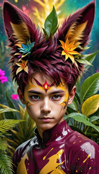 1girl,solo,looking at viewer,short hair,brown hair,hair ornament,1boy,animal ears,brown eyes,closed mouth,upper body,pink hair,flower,male focus,red hair,artist name,signature,hair flower,blurry,lips,animal ear fluff,fox ears,makeup,blurry background,leaf,facial mark,thick eyebrows,plant,spiked hair,portrait,androgynous,eyeshadow,freckles,forehead mark,yellow flower,nose,forehead jewel,eyelashes,extra ears,facepaint