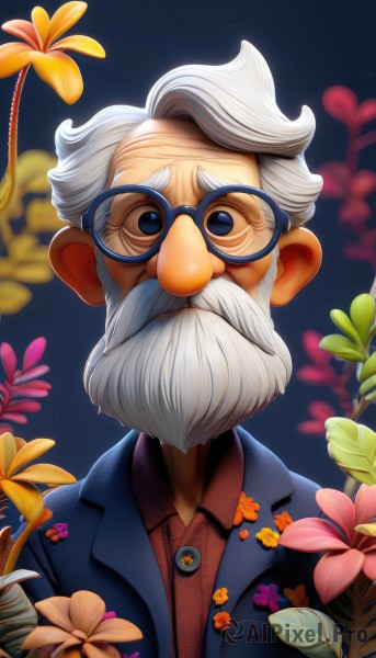 solo,looking at viewer,blue eyes,shirt,1boy,jacket,upper body,flower,white hair,grey hair,male focus,glasses,collared shirt,blurry,buttons,blurry background,facial hair,blue shirt,blue jacket,red shirt,beard,black-framed eyewear,bespectacled,yellow flower,round eyewear,mustache,old,old man,orange flower,blue-framed eyewear,artist name,dress shirt,depth of field,leaf,thick eyebrows,plant,portrait,pink flower