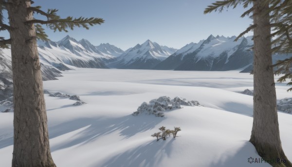 outdoors,sky,day,tree,blue sky,no humans,nature,scenery,snow,forest,mountain,winter,bare tree,landscape,mountainous horizon,pine tree,cloud,ice,lake