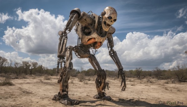 solo,standing,outdoors,sky,day,cloud,signature,tree,blue sky,no humans,shadow,cloudy sky,robot,nature,scenery,mecha,science fiction,realistic,non-humanoid robot,rock,cable,damaged,desert,humanoid robot