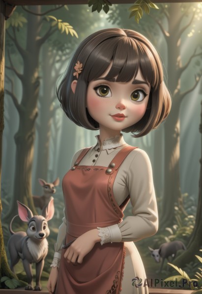 1girl,solo,breasts,looking at viewer,blush,smile,short hair,bangs,brown hair,shirt,hair ornament,long sleeves,dress,brown eyes,closed mouth,standing,white shirt,flower,small breasts,outdoors,day,artist name,hair flower,apron,tree,lips,animal,leaf,red dress,sunlight,bob cut,grass,child,nature,forest,freckles,red lips,female child,foliage,thick eyebrows,lace trim,lace,mouse,squirrel,deer