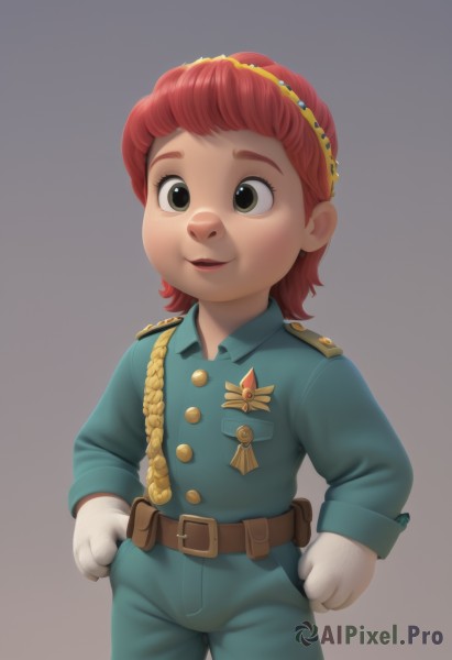 1girl,solo,looking at viewer,smile,short hair,open mouth,simple background,gloves,long sleeves,green eyes,standing,red hair,cowboy shot,hairband,parted lips,belt,pants,white gloves,grey background,uniform,black eyes,military,military uniform,buttons,blue shirt,child,hands on hips,pouch,female child,brown belt,badge,aiguillette,medal,realistic,imperial japanese army