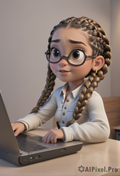 1girl,solo,long hair,smile,brown hair,shirt,long sleeves,twintails,brown eyes,jewelry,sitting,white shirt,upper body,braid,earrings,parted lips,glasses,teeth,collared shirt,artist name,indoors,twin braids,lips,buttons,table,child,forehead,black-framed eyewear,nose,female child,computer,laptop,blush,open mouth,thick eyebrows,semi-rimless eyewear,multiple braids