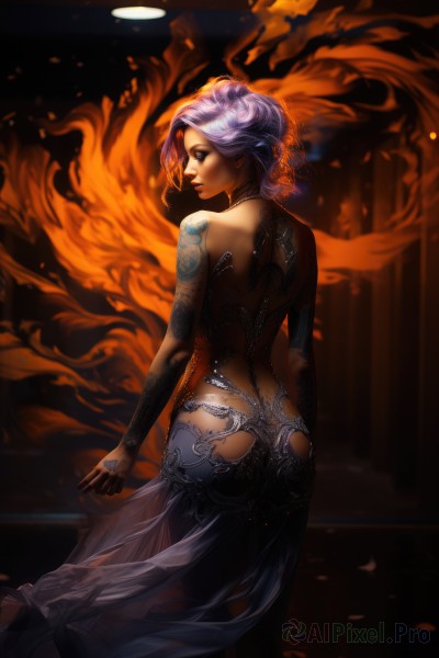 1girl,solo,short hair,bare shoulders,jewelry,closed eyes,purple hair,ass,looking back,from behind,lips,see-through,tattoo,makeup,back,fire,butt crack,backless outfit,realistic,nose,bare back,back tattoo,dress,earrings