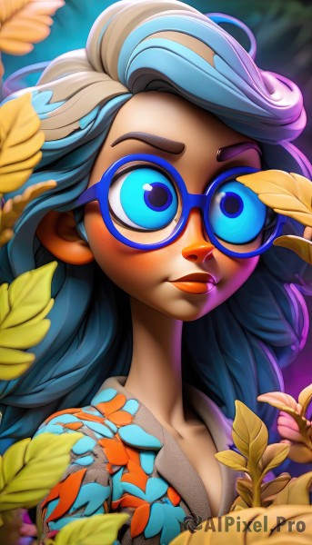 1girl,solo,long hair,blue eyes,closed mouth,blue hair,collarbone,upper body,flower,multicolored hair,glasses,artist name,dark skin,blurry,two-tone hair,dark-skinned female,lips,streaked hair,eyelashes,makeup,leaf,plant,lipstick,portrait,eyeshadow,freckles,nose,round eyewear,blue-framed eyewear,blue lips,blue eyeshadow,breasts,looking at viewer,cleavage,white hair,watermark,web address,adjusting eyewear