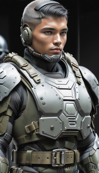 solo,looking at viewer,short hair,1boy,brown eyes,closed mouth,upper body,grey hair,male focus,belt,armor,lips,bodysuit,helmet,black background,shoulder armor,headset,freckles,science fiction,breastplate,realistic,very short hair,power armor,body armor,1girl,mole,serious