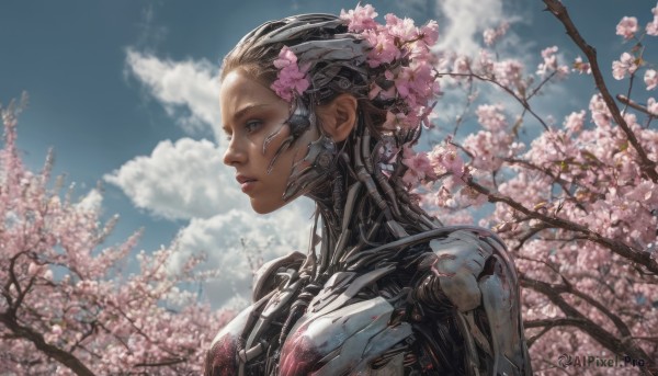 1girl, solo, hair ornament, upper body, flower, outdoors, sky, day, cloud, hair flower, tree, blue sky, lips, profile, cherry blossoms, science fiction, realistic, nose, android, cyborg