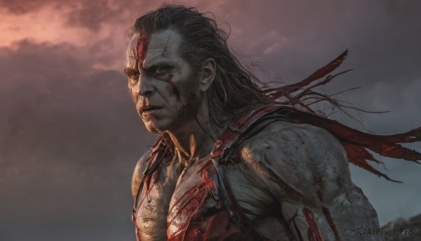 solo,long hair,brown hair,black hair,red eyes,1boy,upper body,male focus,outdoors,sky,cloud,armor,torn clothes,blood,muscular,facial hair,scar,cloudy sky,muscular male,veins,blood on face,realistic,manly,looking at viewer,closed mouth,colored skin,messy hair