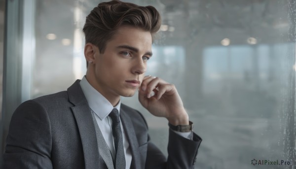 solo,looking at viewer,short hair,blue eyes,brown hair,shirt,long sleeves,1boy,jewelry,jacket,white shirt,upper body,male focus,earrings,parted lips,necktie,collared shirt,indoors,hand up,blurry,lips,black jacket,blurry background,formal,suit,black necktie,hand on own face,watch,realistic,wristwatch,black suit,suit jacket,black hair,brown eyes,closed mouth,vest,grey eyes,window,depth of field,grey jacket,stud earrings