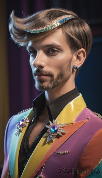 solo,looking at viewer,short hair,brown hair,shirt,1boy,brown eyes,jewelry,closed mouth,upper body,male focus,earrings,collared shirt,signature,blurry,black eyes,vest,lips,black shirt,blurry background,facial hair,gem,beard,realistic,nose,mustache,chest hair,blue gemstone,formal,suit,manly