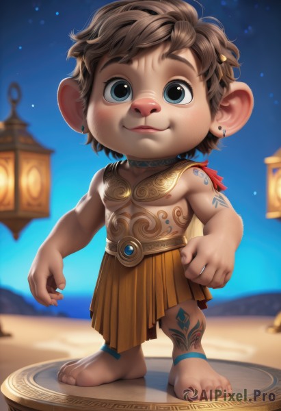 solo,looking at viewer,blush,smile,short hair,blue eyes,brown hair,1boy,animal ears,jewelry,closed mouth,standing,full body,male focus,earrings,outdoors,sky,barefoot,blurry,black eyes,tattoo,night,depth of field,blurry background,piercing,child,star (sky),sand,arm tattoo,male child,artist name,chibi,muscular,pectorals,night sky,starry sky,topless male,lantern,realistic,anklet