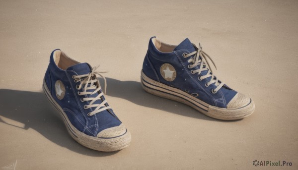 simple background,shoes,artist name,signature,no humans,shadow,sneakers,cross-laced footwear,brown background,blue footwear,realistic,sand,shoes removed,still life,nike,shoelaces,socks,shiny,star (symbol),artist logo