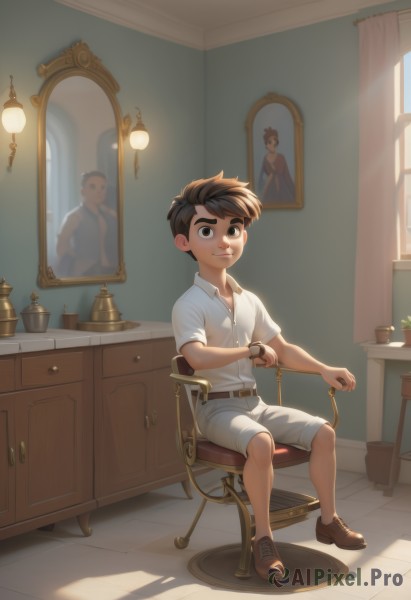 solo,looking at viewer,smile,short hair,brown hair,shirt,1boy,brown eyes,sitting,closed mouth,full body,white shirt,short sleeves,male focus,shoes,shorts,day,collared shirt,belt,indoors,window,chair,brown footwear,sunlight,plant,curtains,child,desk,reflection,watch,white shorts,mirror,wristwatch,potted plant,lamp,male child,stool,black hair,artist name,shadow,thick eyebrows