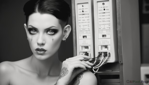 1girl,solo,looking at viewer,short hair,bare shoulders,jewelry,collarbone,monochrome,upper body,greyscale,earrings,hair bun,lips,tattoo,makeup,piercing,lipstick,portrait,realistic,scissors,locker,neck tattoo,comb,parted lips,eyelashes,eyeshadow,science fiction,eyeliner,cable,facial tattoo,mascara,cyberpunk