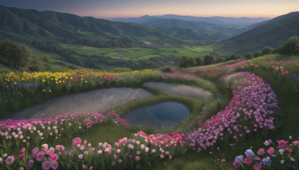 A majestic landscape within a vivid sunset day