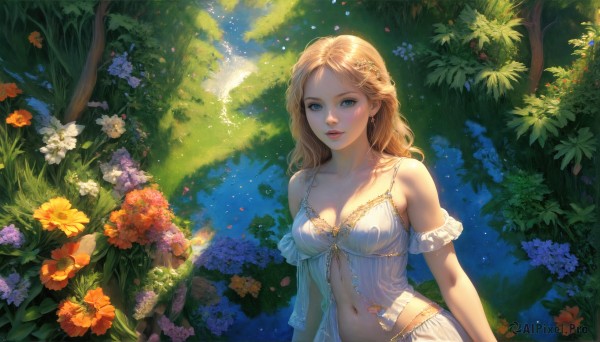 HQ,1girl,solo,long hair,breasts,looking at viewer,blue eyes,blonde hair,hair ornament,navel,cleavage,bare shoulders,jewelry,medium breasts,collarbone,upper body,braid,flower,earrings,outdoors,parted lips,day,stomach,tree,lips,leaf,sunlight,plant,nature,forest,realistic,arms at sides,babydoll,dappled sunlight,smile,dress,frills,grass,blue flower,yellow flower,bush,orange flower