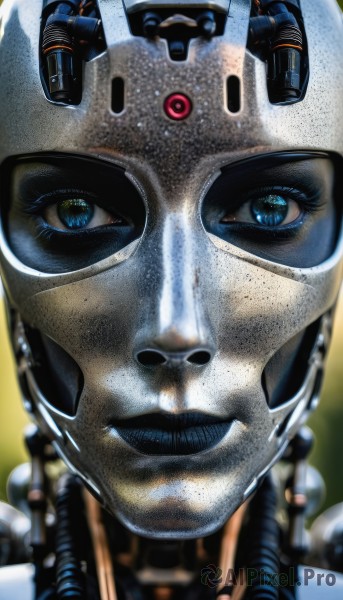 1girl,solo,looking at viewer,blue eyes,closed mouth,blurry,lips,mask,depth of field,blurry background,helmet,robot,portrait,close-up,science fiction,realistic,android,cable,straight-on,cyborg,cyberpunk,humanoid robot,eyelashes,makeup,lipstick,freckles,power armor,spacesuit,eye focus