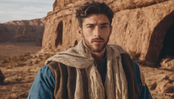 solo,looking at viewer,short hair,brown hair,black hair,1boy,brown eyes,closed mouth,upper body,male focus,outdoors,day,scarf,blurry,black eyes,blurry background,facial hair,beard,realistic,stubble,animification,photo background,desert,sky,sand