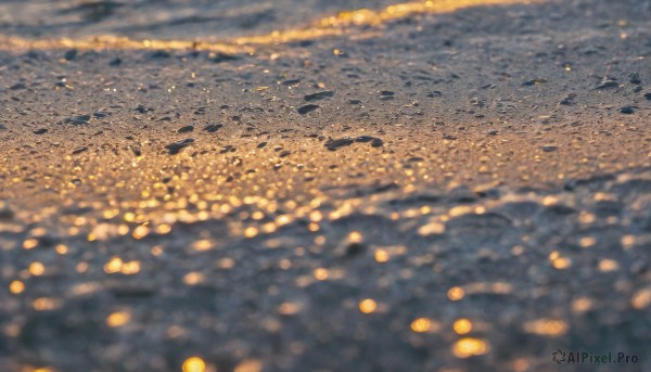 outdoors,sky,water,blurry,no humans,night,depth of field,blurry background,from above,scenery,reflection,river,bokeh,city lights,orange theme,day,ocean,beach,rock,sand,shore