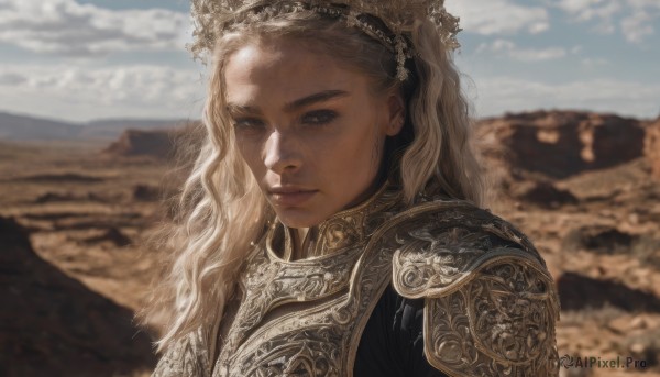 1girl,solo,long hair,looking at viewer,blonde hair,brown eyes,closed mouth,upper body,hairband,outdoors,sky,day,cloud,armor,blurry,lips,grey eyes,depth of field,blurry background,wavy hair,crown,shoulder armor,portrait,pauldrons,breastplate,mountain,realistic,brown hair,blue sky,sunlight,cloudy sky,desert