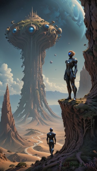 1girl,short hair,1boy,standing,outdoors,sky,cloud,signature,from behind,armor,tree,blue sky,bodysuit,moon,helmet,grass,star (sky),scenery,starry sky,walking,science fiction,mountain,arms at sides,black bodysuit,giant,planet,alien,spacecraft,spacesuit,space helmet,male focus,multiple boys,day,2boys,looking at another,glowing,floating,creature,space,orb,power armor,neon trim,astronaut