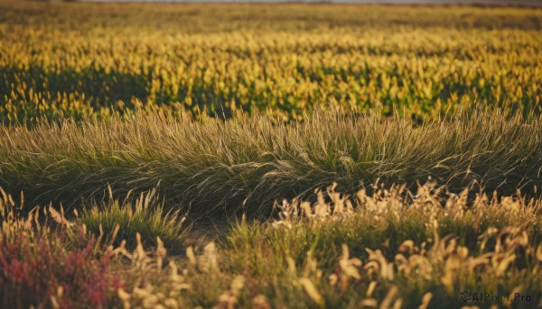 flower,outdoors,blurry,no humans,depth of field,traditional media,grass,plant,nature,scenery,yellow flower,field,flower field,still life,wheat,day