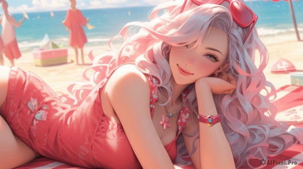 1girl,long hair,breasts,looking at viewer,blush,smile,bangs,multiple girls,cleavage,bare shoulders,jewelry,closed mouth,swimsuit,pink hair,flower,white hair,heart,multicolored hair,earrings,outdoors,lying,one eye closed,sky,solo focus,day,cloud,water,necklace,mole,hair over one eye,blurry,bracelet,blue sky,lips,one-piece swimsuit,grey eyes,eyelashes,makeup,depth of field,blurry background,ocean,arm support,umbrella,wavy hair,on side,beach,floral print,sunglasses,on stomach,towel,mole under mouth,eyewear on head,curly hair,watch,head rest,pink lips,sand,horizon,red lips,wristwatch,tinted eyewear,casual one-piece swimsuit,beach umbrella,heart-shaped eyewear,red one-piece swimsuit,beach towel,pink one-piece swimsuit,large breasts,1boy,dress,bow,2girls,medium breasts,thighs,sleeveless,artist name,sleeveless dress,short dress,pink dress,flower necklace