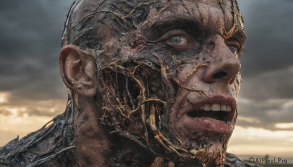 solo,looking at viewer,open mouth,blue eyes,1boy,male focus,outdoors,sky,teeth,cloud,facial hair,helmet,cloudy sky,portrait,realistic,bald,alien,blurry,blurry background,beard,close-up