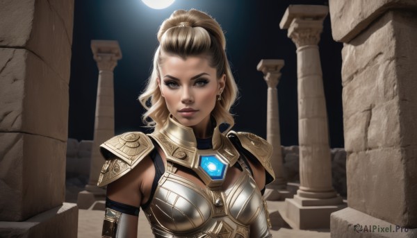 1girl,solo,long hair,breasts,looking at viewer,smile,blonde hair,brown hair,brown eyes,jewelry,medium breasts,upper body,ponytail,earrings,parted lips,armor,dark-skinned female,lips,night,moon,high ponytail,shoulder armor,gem,pauldrons,breastplate,hair pulled back,pillar,column,makeup,backlighting,realistic,gorget