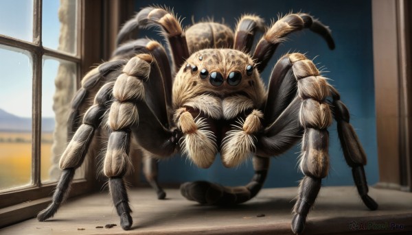 HQ,solo,looking at viewer,blue eyes,standing,full body,sky,day,artist name,indoors,blurry,no humans,window,blurry background,bug,curtains,claws,realistic,extra eyes,arthropod girl,dust,spider,shadow,monster,animal focus,extra arms