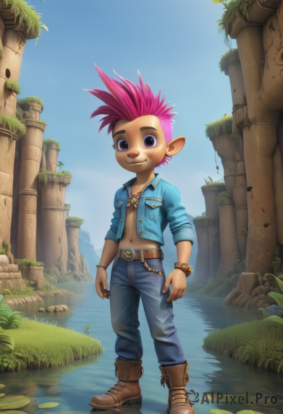 solo,looking at viewer,smile,short hair,1boy,navel,jewelry,purple eyes,jacket,full body,pink hair,male focus,earrings,boots,outdoors,open clothes,sky,day,pointy ears,midriff,belt,pants,pink eyes,water,necklace,bracelet,brown footwear,piercing,denim,spiked hair,ear piercing,jeans,blue pants,leather,pillar,lily pad,mohawk,denim jacket,1girl,brown eyes,flower,open shirt,leaf,grass,plant,rock,pond