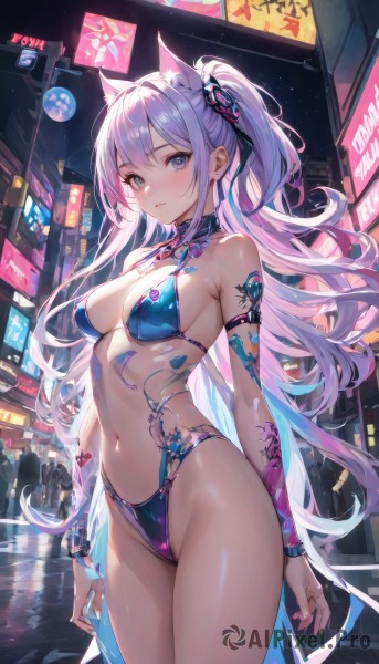 1girl,solo,long hair,breasts,looking at viewer,blush,bangs,blue eyes,hair ornament,navel,animal ears,cleavage,bare shoulders,jewelry,medium breasts,very long hair,closed mouth,standing,purple eyes,swimsuit,purple hair,sidelocks,bikini,thighs,cowboy shot,outdoors,solo focus,cat ears,stomach,nail polish,groin,animal ear fluff,tattoo,night,one side up,highleg,ring,building,string bikini,extra ears,blue bikini,highleg bikini,ribbon,holding,hair ribbon,ponytail,earrings,sky,choker,shiny,side ponytail,collar,shiny skin,black ribbon,black bikini,halterneck,piercing,night sky,reflection,city,road,cityscape,arm strap,street,cyberpunk,neon lights,crosswalk