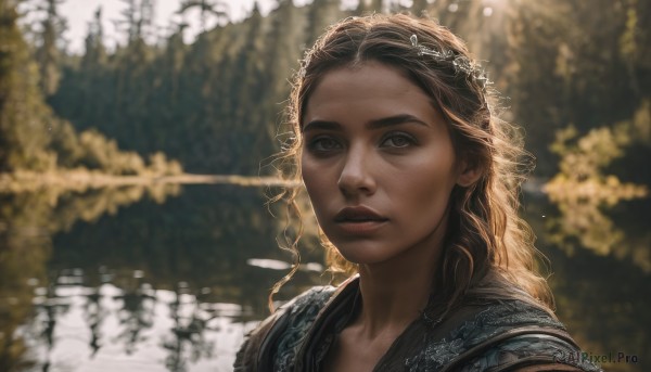 1girl,solo,long hair,looking at viewer,brown hair,hair ornament,upper body,outdoors,parted lips,water,blurry,tree,lips,depth of field,blurry background,portrait,nature,freckles,reflection,curly hair,realistic,nose,brown eyes,closed mouth,flower,sunlight,dappled sunlight