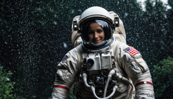 1girl,solo,looking at viewer,smile,short hair,black hair,1boy,upper body,tree,helmet,star (sky),science fiction,realistic,camera,space,american flag,spacesuit,japanese flag,space helmet,astronaut,brown eyes,male focus,one eye closed,dark skin,blurry,reflection,planet,earth (planet),united states