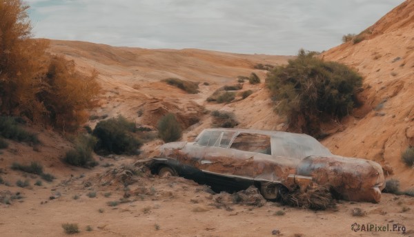 outdoors,sky,day,cloud,tree,no humans,traditional media,ground vehicle,nature,scenery,motor vehicle,rock,realistic,car,road,vehicle focus,desert,blue sky,grass,forest,sand,bush