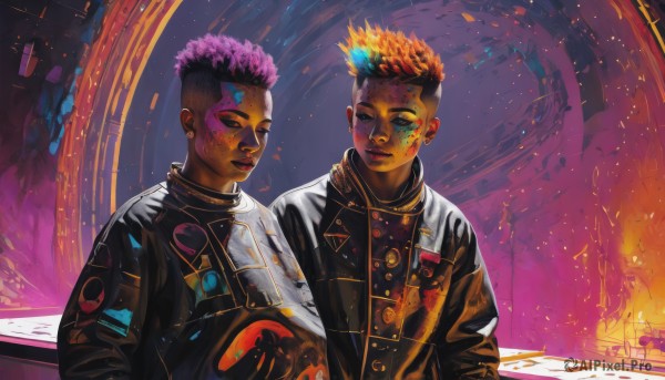 short hair,black hair,jewelry,jacket,closed eyes,upper body,pink hair,male focus,multicolored hair,earrings,multiple boys,dark skin,2boys,orange hair,official alternate costume,dark-skinned female,black jacket,makeup,dark-skinned male,fire,eyeshadow,undercut,very dark skin,paint splatter,mohawk,looking at viewer,smile,blue eyes,multiple girls,2girls,purple hair,alternate costume,facial mark,piercing,ear piercing,dual persona,freckles,facepaint,very short hair,leather jacket,cyberpunk