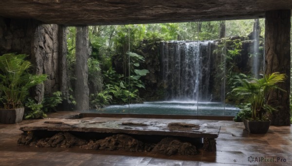 A peaceful image of a waterfall in day