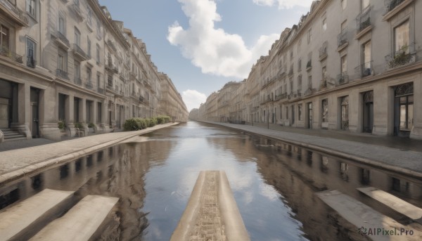 outdoors,sky,day,cloud,water,tree,blue sky,no humans,window,bird,cloudy sky,plant,building,scenery,reflection,stairs,city,door,road,house,bridge,street,river,puddle,reflective water