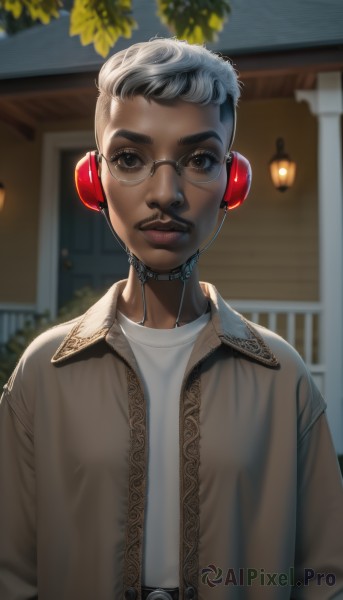 1girl,solo,looking at viewer,short hair,shirt,1boy,brown eyes,closed mouth,jacket,white shirt,upper body,white hair,grey hair,male focus,multicolored hair,outdoors,glasses,choker,belt,dark skin,blurry,black eyes,two-tone hair,dark-skinned female,lips,blurry background,headphones,brown jacket,realistic,nose,round eyewear,very short hair,undercut,open jacket,facial hair,leaf,dark-skinned male,beard,headset,mustache